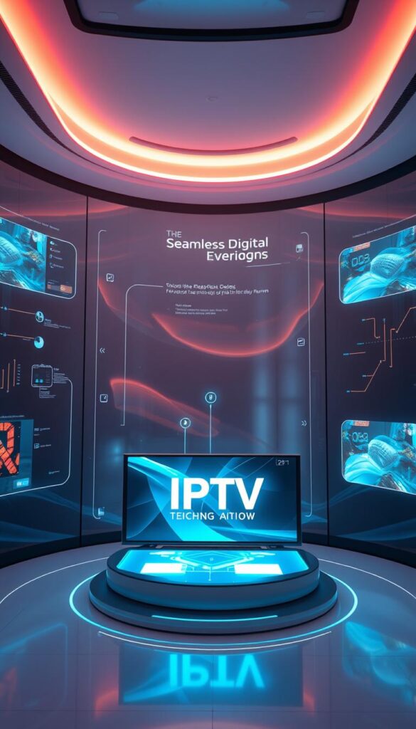 A sleek, futuristic IPTV technology interface, showcasing a seamless digital experience. A minimalist UI with clean lines and a dynamic, high-contrast color palette, reflecting the advanced capabilities of IPTVANBIETERTV. The scene depicts a virtual 3D environment, with holographic display panels, smooth camera movements, and subtle lighting effects that enhance the sense of technological innovation. The overall atmosphere is one of cutting-edge modernity, inviting the viewer to imagine the transformative power of IPTV in reshaping the future of television.