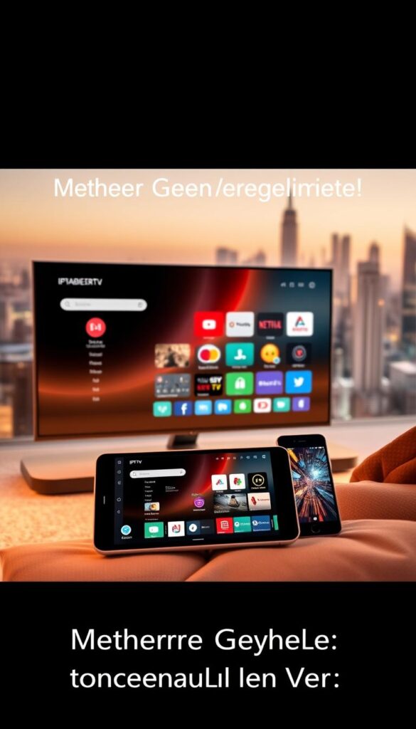 A sleek, futuristic IPTVANBIETERTV interface displayed on multiple devices - a smart TV, a tablet, and a smartphone - showcasing the seamless cross-device experience. The devices are arranged in a dynamic, three-dimensional composition, with clean lines and a minimalist aesthetic. The scene is bathed in warm, soft lighting, creating a sense of comfort and modernity. The background features a subtly blurred city skyline, hinting at the global reach and accessibility of the IPTV service. The overall mood is one of technological sophistication and user-friendliness, perfectly capturing the "Mehrere Geräte gleichzeitig nutzen" concept.