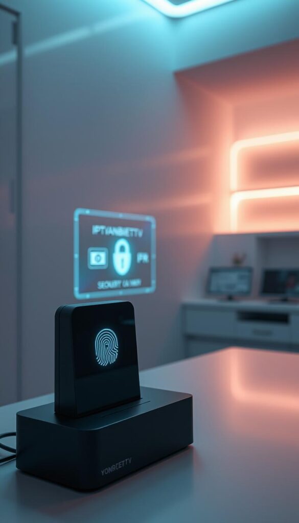A sleek, futuristic digital security system for IPTVANBIETERTV, featuring a minimalist interface with a glowing, holographic display. Soft, ambient lighting bathes the scene, creating a sense of calm and technological sophistication. In the foreground, a biometric scanner securely verifies user identities, while encrypted data streams flow seamlessly in the background. The overall impression is one of advanced, yet discreet, protection for IPTV services - a testament to IPTVANBIETERTV's commitment to user privacy and safeguarding digital content.