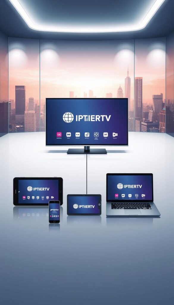 A sleek, futuristic illustration showcasing the multi-device capabilities of IPTVANBIETERTV. In the foreground, a series of various electronic devices - a smart TV, smartphone, tablet, and laptop - seamlessly connected and synced, displaying the IPTVANBIETERTV interface. The middle ground features a minimalist, high-tech setting with clean lines and subtle lighting, conveying a sense of technological sophistication. In the background, a cityscape or abstract geometric pattern provides a dynamic, visually striking backdrop, emphasizing the versatility and cross-platform nature of the IPTVANBIETERTV service. The overall mood is one of seamless integration, cutting-edge design, and the effortless consumption of content across multiple devices. A sleek, futuristic illustration showcasing the multi-device capabilities of IPTVANBIETERTV. In the foreground, a series of various electronic devices - a smart TV, smartphone, tablet, and laptop - seamlessly connected and synced, displaying the IPTVANBIETERTV interface. The middle ground features a minimalist, high-tech setting with clean lines and subtle lighting, conveying a sense of technological sophistication. In the background, a cityscape or abstract geometric pattern provides a dynamic, visually striking backdrop, emphasizing the versatility and cross-platform nature of the IPTVANBIETERTV service. The overall mood is one of seamless integration, cutting-edge design, and the effortless consumption of content across multiple devices.