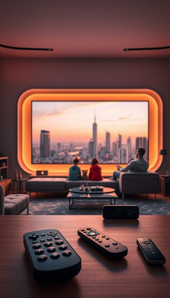 A sleek, futuristic living room with a large, ultra-high-definition television screen prominently displayed. The room is bathed in warm, ambient lighting, creating a cozy and inviting atmosphere. In the foreground, several modern, wireless remote controls and smart devices are arranged, showcasing the MULTIGERÄTE-UNTERSTÜTZUNG capabilities of the IPTVANBIETERTV service. The middle ground features a family of three – a parent, child, and pet – relaxing on a comfortable, minimalist sofa, enjoying a seamless streaming experience across their devices. The background subtly depicts a panoramic city skyline, hinting at the flexibility and accessibility of the IPTVANBIETERTV platform for streaming content anywhere. The overall scene conveys a sense of technological advancement, comfort, and the ease of use for a modern, on-the-go lifestyle.