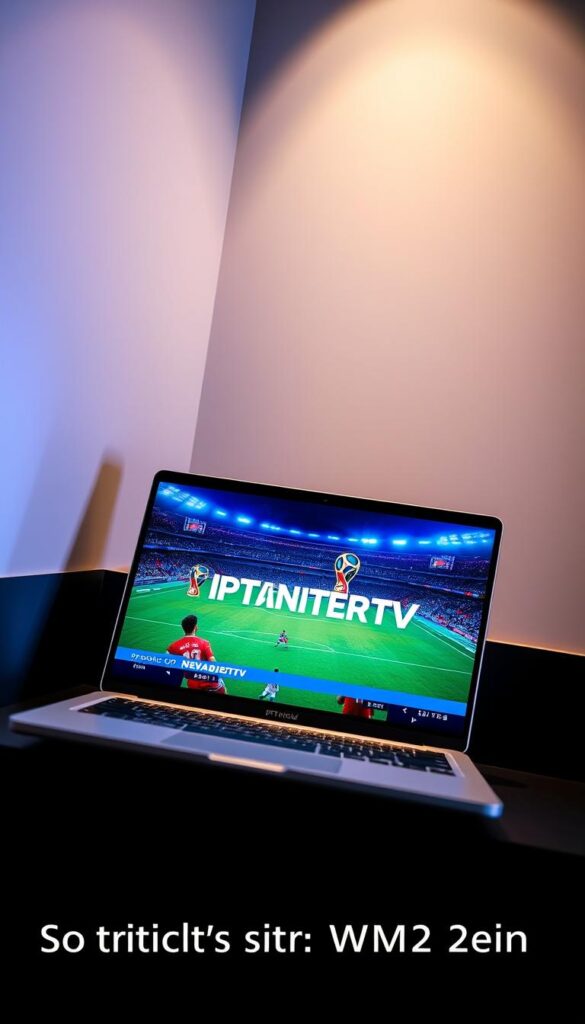 A sleek, futuristic-looking laptop screen displaying the IPTVANBIETERTV logo, prominently showcasing a live broadcast of the 2026 World Cup soccer tournament. The screen is set against a stylish, minimalist backdrop, with clean lines and a muted color palette. The laptop is positioned at a slight angle, allowing for a dynamic and engaging composition. Soft, directional lighting illuminates the scene, creating depth and emphasizing the crisp, high-definition display. The overall atmosphere conveys a sense of effortless accessibility and technological sophistication, perfectly aligning with the "Schritt-für-Schritt-Anleitung: So richten Sie IPTV für die WM 2026 ein" section of the article.