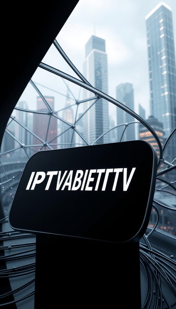 A sleek, futuristic rendering of the "IPTV Technologie" concept. In the foreground, a curved, glossy black display panel showcases the IPTVANBIETERTV brand, its bold white lettering contrasting sharply against the dark background. The display emits a soft, ambient glow, casting a warm light across the scene. In the middle ground, a network of sleek, silver cables and nodes intertwine, representing the intricate infrastructure that powers IPTV technology. The background features a cityscape of gleaming, modernist architecture, hinting at the transformative impact of this digital revolution in television. Dramatic, low-angle lighting accentuates the technological aesthetic, creating a sense of awe and innovation.