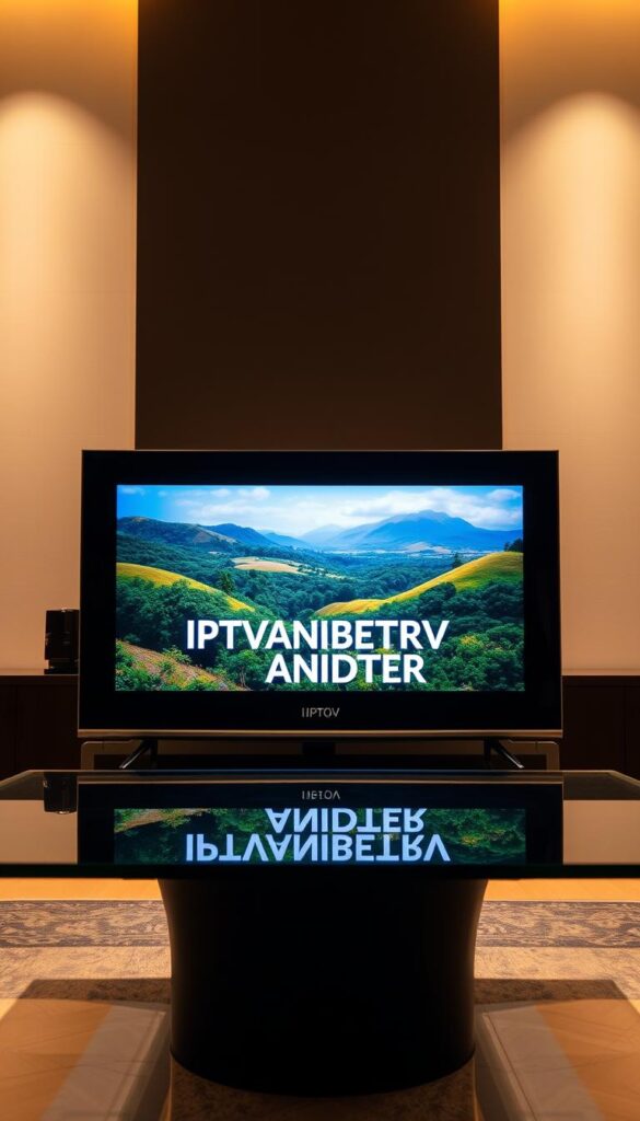 A sleek, high-end television set with a modern, minimalist design sits on a glass-topped table, its screen displaying a vivid, lifelike image of a lush, vibrant landscape. The television is emblazoned with the brand name "IPTVANBIETERTV" in a bold, eye-catching font. The lighting is soft and warm, creating a cozy, inviting atmosphere. The scene is captured from a slightly elevated angle, giving the viewer a sense of depth and perspective. The background is blurred, allowing the television to take center stage and draw the viewer's attention. The overall image conveys a sense of quality, reliability, and the ultimate in home entertainment.