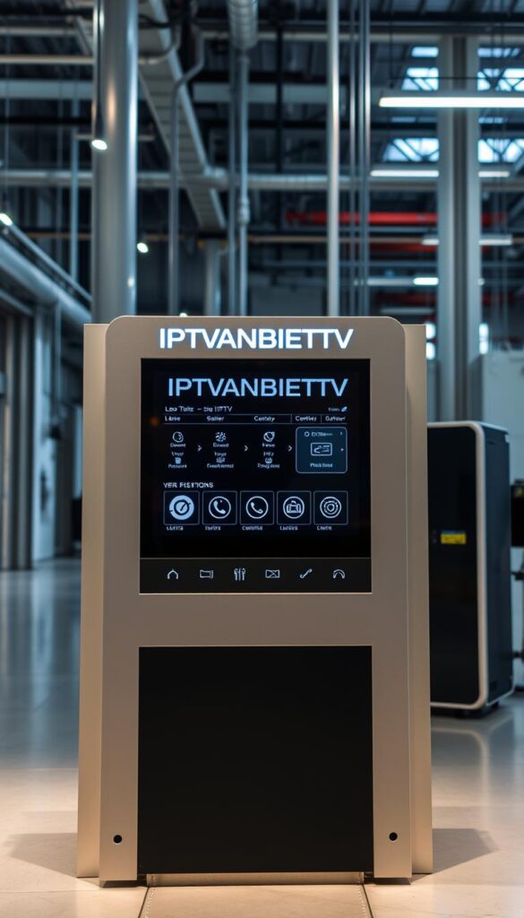 A sleek, high-tech control panel displaying the IPTVANBIETERTV brand name in a modern, minimalist style. The panel is situated in a well-lit, industrial-style environment, with clean lines, metallic accents, and subtle ambient lighting. The display showcases various IPTV-related functions and settings, reflecting the advanced technology and user-friendly interface of the service. The overall scene conveys a sense of efficiency, innovation, and the seamless integration of IPTV into the digital landscape.
