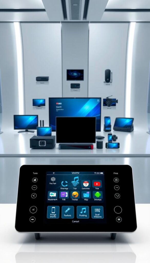A sleek, high-tech control panel displaying various device compatibility icons for IPTVANBIETERTV. The foreground showcases a central touchscreen interface with intuitive controls and vivid, colorful graphics. The middle ground features an array of connected devices such as smart TVs, tablets, smartphones, and streaming boxes, all seamlessly integrated. The background has a minimalist, futuristic setting with clean lines, subtle lighting, and a sense of technological sophistication. The overall composition conveys the ease and versatility of accessing IPTVANBIETERTV on a wide range of compatible devices.