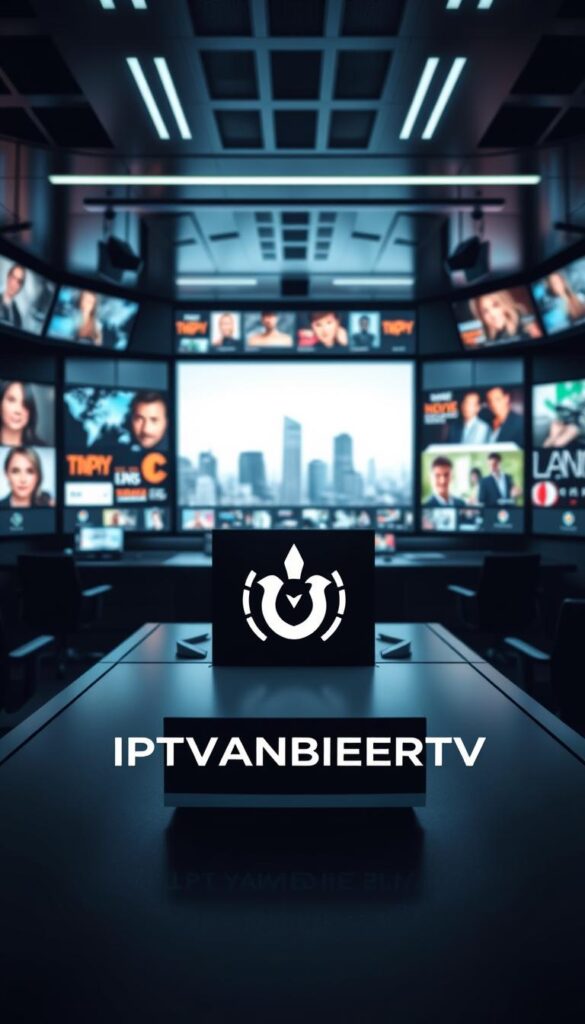 A sleek, high-tech control room with sophisticated video screens displaying a diverse range of adult entertainment channels. In the foreground, the IPTVANBIETERTV logo stands out prominently, surrounded by elegant, minimalist design elements. The lighting is subdued, creating a sophisticated, discreet atmosphere. The middle ground features stylized icons and graphics representing the various adult content offerings, hinting at the breadth of the service. In the background, a cityscape or futuristic landscape creates a sense of urban modernity. The overall composition conveys a sense of professionalism, discretion, and technological prowess in the adult IPTV industry.