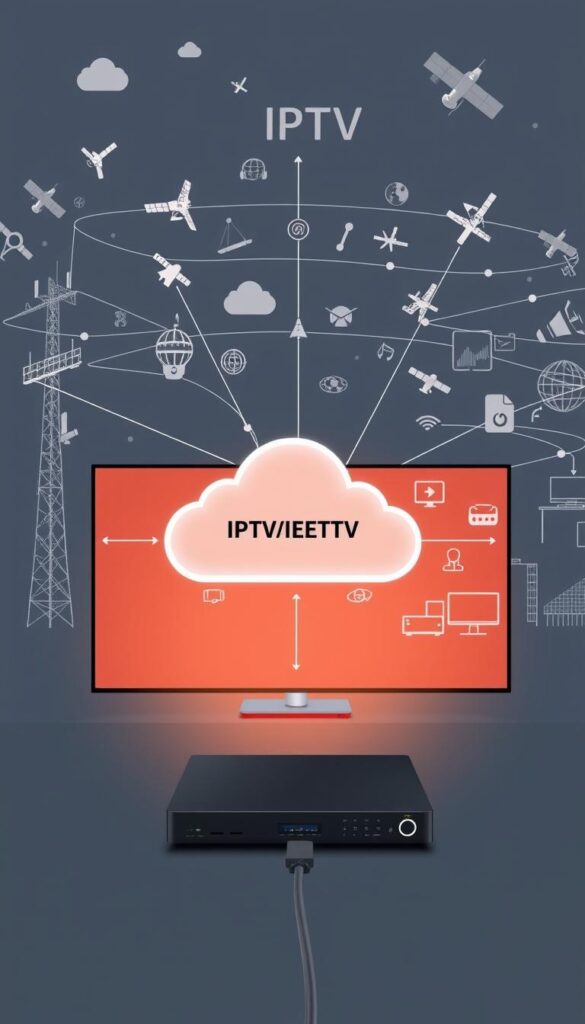 A sleek, high-tech diagram illustrating the inner workings of an IPTV system. In the foreground, a user's streaming device, such as a smart TV or set-top box, is connected to the internet via a network cable. In the middle ground, a cloud-based IPTV platform, labeled "IPTVANBIETERTV", is shown routing video and audio content from various sources to the user's device. In the background, a network of broadcast towers, satellites, and internet infrastructure is depicted, suggesting the wide reach and flexibility of IPTV technology. The overall scene conveys a sense of seamless, cutting-edge digital media delivery, reflecting the subject of "Funktionsweise von IPTV".
