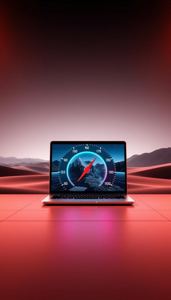 A sleek, high-tech digital interface showcasing the speed and performance of an IPTVANBIETERTV service. In the foreground, a stylized speedometer visualizes the fast internet connection, its needle sweeping across a vibrant color spectrum. The middle ground features a laptop or desktop computer, its screen displaying crisp, high-definition video playback, representing the seamless IPTV streaming experience. The background is a minimalist, futuristic landscape with clean lines and subtle gradients, creating a sense of technological sophistication. Warm, diffused lighting bathes the scene, conveying a premium, professional aesthetic. The overall composition communicates the technical capabilities and reliable performance of the IPTVANBIETERTV platform for PC users.