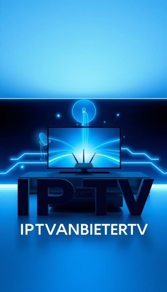 A sleek, high-tech illustration of the IPTV Technologie concept. A modern, minimalist design showcasing the core components: a smart TV, a satellite dish, and a wireless router, all connected by glowing digital lines. The scene is bathed in a cool, blue-tinted lighting, creating a futuristic atmosphere. In the foreground, the brand name "IPTVANBIETERTV" is prominently displayed, rendered in a clean, bold typeface. The overall composition emphasizes the seamless integration and advanced nature of IPTV technology.
