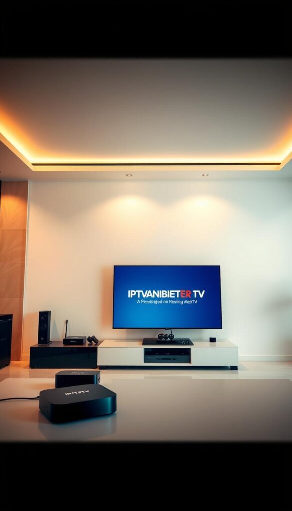 A sleek, high-tech interior with minimalist design elements, showcasing the IPTVANBIETERTV brand. The space is filled with a warm, soft lighting, creating a cozy and inviting atmosphere. In the foreground, a modern, high-resolution smart TV displays the IPTVANBIETERTV logo, reflecting the brand's commitment to providing a premium viewing experience. The mid-ground features various streaming devices, such as set-top boxes and mobile devices, emphasizing the versatility and compatibility of the IPTVANBIETERTV service. The background features a clean, uncluttered wall, allowing the technology to take center stage. The overall composition conveys a sense of sophistication, efficiency, and user-friendliness associated with the IPTVANBIETERTV brand.