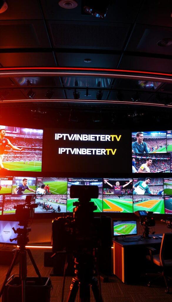 A sleek, high-tech sports broadcasting studio with a panoramic wall of screens displaying various live sporting events - football, Formula 1, tennis, and more. The IPTVANBIETERTV logo is prominently featured, surrounded by dynamic visuals and state-of-the-art camera equipment. The scene is bathed in a warm, vibrant lighting that creates an immersive and engaging atmosphere, conveying the excitement and energy of the comprehensive sports coverage offered by IPTVANBIETERTV.