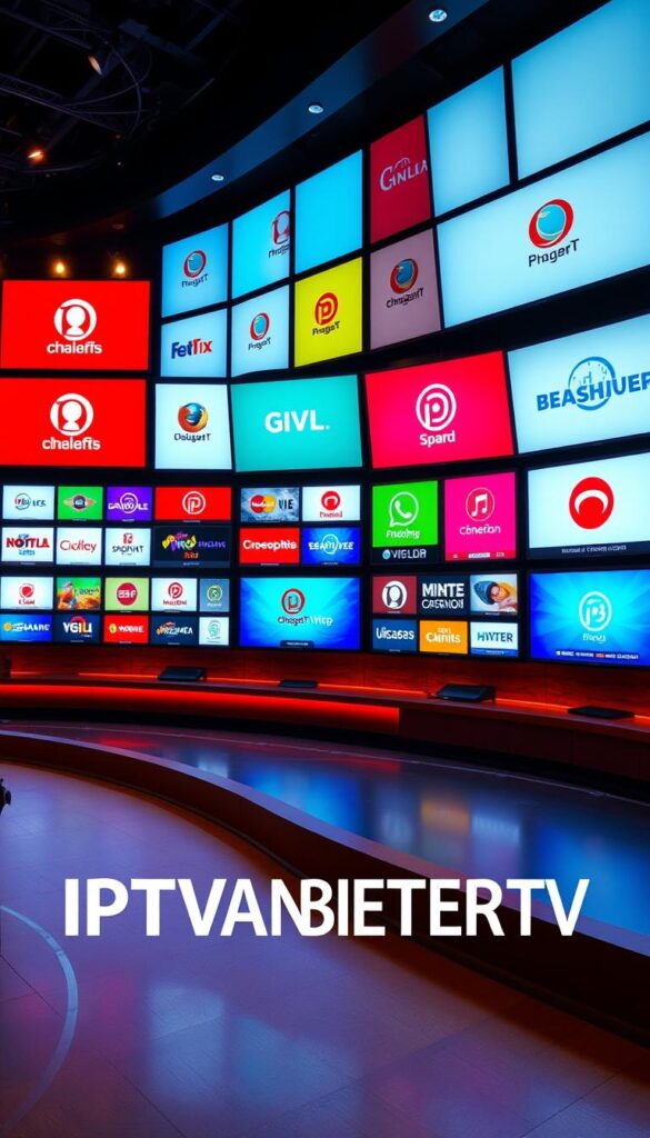 A sleek, high-tech television studio with rows of modern, minimalist displays showcasing international channel logos and programming. The screens are arranged in a visually striking grid, with bold, vibrant colors and crisp, high-definition images. The lighting is warm and cinematic, creating a sense of depth and sophistication. In the foreground, the IPTVANBIETERTV logo is prominently displayed, conveying the brand's premium quality and global reach. The overall atmosphere is one of technological innovation, cultural diversity, and immersive entertainment.