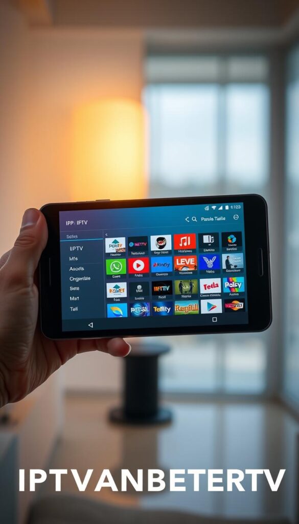 A sleek, minimalist Android device displaying a vibrant, intuitive IPTV app interface. The screen showcases an array of IPTV channels, streaming services, and customization options. The device is held in a well-lit, modern setting, casting a soft, warm glow on the scene. The IPTVANBIETERTV brand logo is prominently displayed, conveying a sense of professionalism and reliability. The overall composition emphasizes the seamless integration of IPTV technology with the Android platform, highlighting the convenience and versatility of the experience.