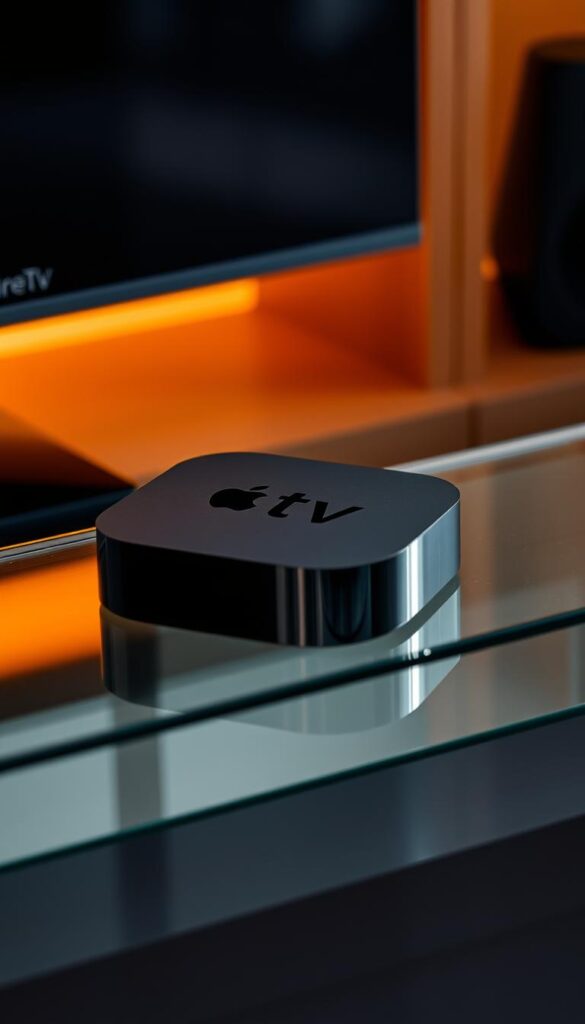 A sleek, minimalist Apple TV device resting on a modern glass or metal entertainment center, bathed in warm, soft lighting. The IPTVANBIETERTV logo is prominently displayed on the device's surface, reflecting the premium nature of the IPTV service. The scene evokes a sense of high-end technology and seamless home integration, suitable for a discerning user seeking a reliable and visually appealing IPTV solution on their Apple TV platform. The composition emphasizes the Apple TV's clean, iconic design and the IPTVANBIETERTV branding, capturing the essence of the article's subject matter.