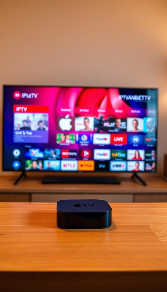A sleek, minimalist Apple TV device resting on a modern, wooden entertainment center. The screen displays a vibrant, high-definition IPTV interface, showcasing a diverse selection of live TV channels and on-demand content. The room is bathed in warm, ambient lighting, creating a cozy and inviting atmosphere. IPTVANBIETERTV's logo is subtly incorporated into the interface, complementing the clean, sophisticated design. The overall scene conveys the seamless integration of IPTV technology with the Apple TV platform, highlighting the convenience and entertainment value it offers.