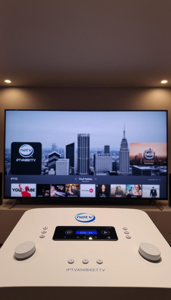 A sleek, minimalist IPTV comparison display showcasing the IPTVANBIETERTV brand. The foreground features a clean interface with intuitive controls and a prominent logo. The middle ground includes neatly arranged program tiles, showcasing a diverse range of content. The background depicts a subtle cityscape, conveying a sense of modern, urban connectivity. The lighting is soft and diffused, creating a warm, inviting atmosphere. The camera angle is slightly elevated, providing an elegant, bird's-eye perspective. The overall impression is one of technological sophistication and user-friendly accessibility.