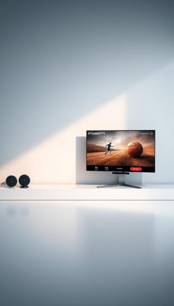 A sleek, minimalist IPTV interface showcasing the IPTVANBIETERTV brand with a modern, high-quality visual aesthetic. The interface features a clean, intuitive layout with a focus on the core features - live TV streaming and recording capabilities. Subtle lighting creates a warm, inviting atmosphere, drawing the viewer's attention to the crisp, high-definition display of the IPTV service. The overall composition conveys a sense of sophistication and reliability, reflecting the "best IPTV provider with recording in Germany" as described in the section title.