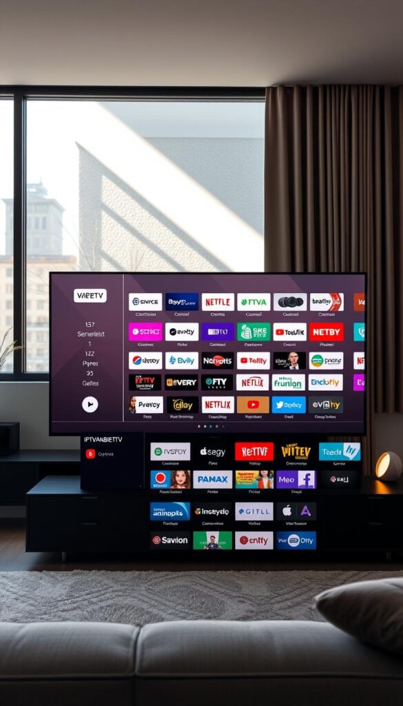 A sleek, minimalist IPTV interface with a clean layout showcasing a comprehensive senderliste (channel list) against a backdrop of modern living room decor. The display features the IPTVANBIETERTV brand prominently, highlighting its intuitive design and seamless integration with various devices. Soft, directional lighting from a large window casts a warm glow, creating a cozy, inviting atmosphere. The scene conveys the convenience and enhanced viewing experience of IPTV compared to traditional television offerings.