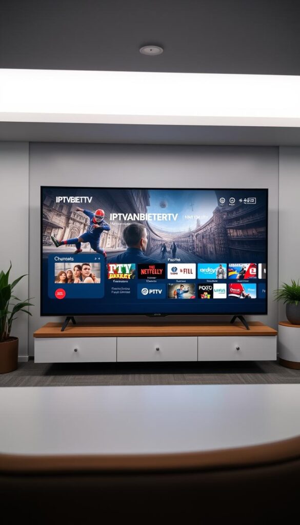 A sleek, minimalist IPTVANBIETERTV display showcasing the key features and services of a top-tier IPTV provider. The scene is set in a modern, well-lit office space with clean lines and a neutral color palette. The display features high-quality visuals, intuitive user interface, and a comprehensive channel lineup. The foreground showcases the IPTVANBIETERTV branding and product details, while the background subtly hints at the provider's robust infrastructure and global reach. The lighting is soft and even, creating a professional and trustworthy atmosphere. The camera angle is slightly elevated, giving the viewer a sense of authority and confidence in the IPTV service being presented.