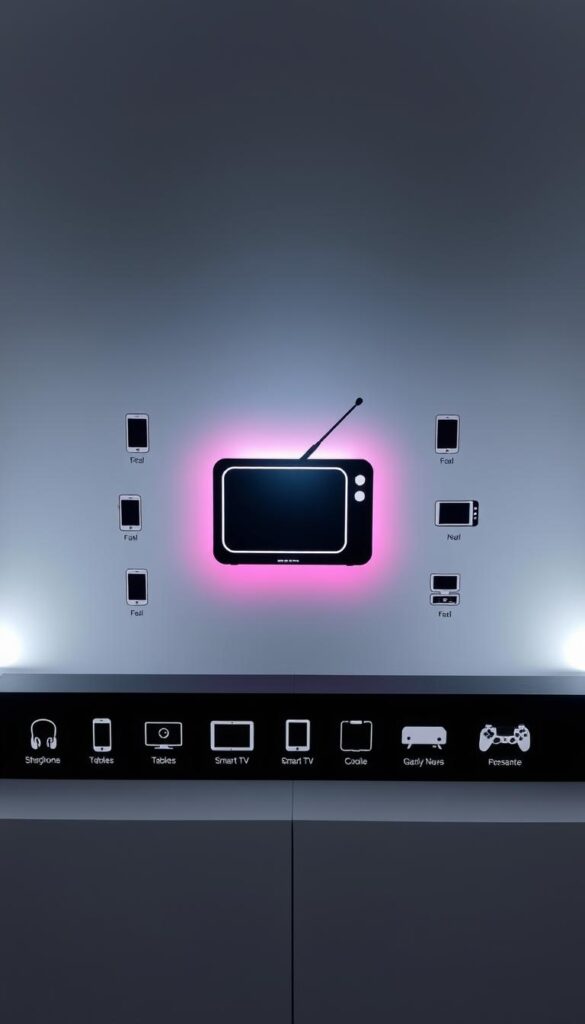 A sleek, minimalist IPTVANBIETERTV interface showcasing its device compatibility. A stylized TV icon dominates the center, surrounded by smaller icons representing a range of devices like smartphones, tablets, smart TVs, and gaming consoles. The background features a subtle grid pattern, conveying a sense of technological sophistication. The lighting is soft and diffused, creating a clean, modern aesthetic. The overall composition is balanced and visually appealing, highlighting IPTVANBIETERTV's versatility across multiple platforms.