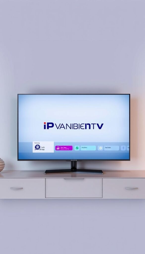 A sleek, minimalist Samsung Smart TV display showcasing a sophisticated IPTV service. The screen presents the IPTVANBIETERTV brand logo in a bold, modern typeface, surrounded by a clean, stylized interface with intuitive menu options. Soft, diffused lighting creates a warm, inviting atmosphere, while a subtle gradient background adds depth and visual interest. The overall composition conveys a sense of high-quality, user-friendly IPTV technology seamlessly integrated into the Samsung Smart TV experience.