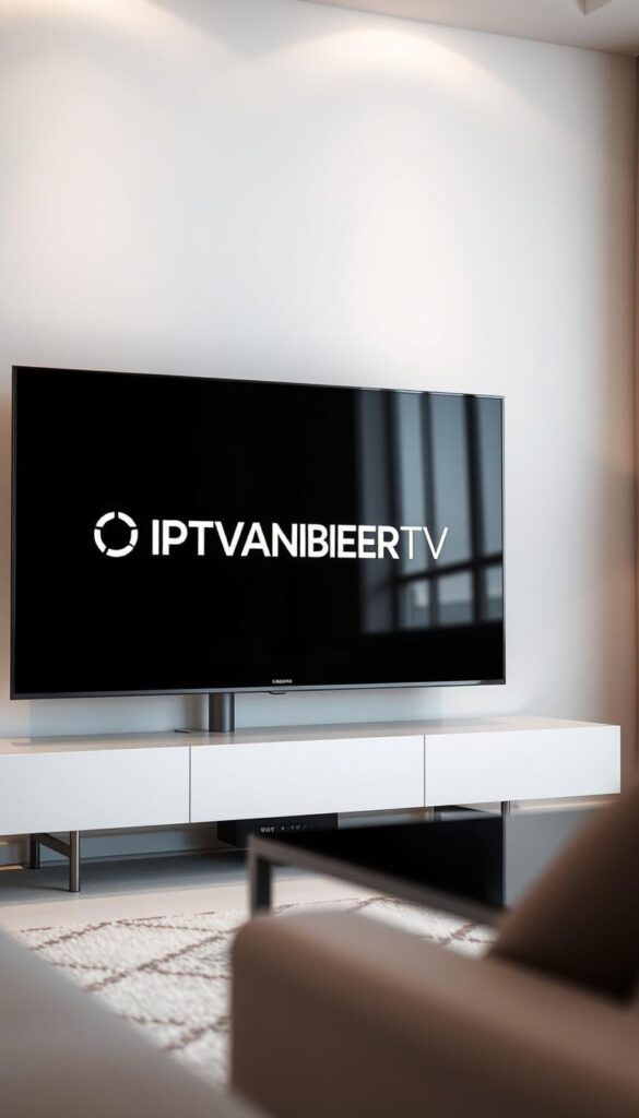 A sleek, minimalist Samsung Smart TV displaying the IPTVANBIETERTV logo prominently on the screen. The TV is set against a clean, modern living room backdrop with soft, ambient lighting. The scene conveys a sense of simplicity and technological sophistication, reflecting the ease and convenience of IPTV streaming on a Samsung device. The TV is captured from a slightly low angle, highlighting its streamlined design and the clarity of the IPTV interface. The overall mood is one of effortless integration of advanced media technology into the home environment.