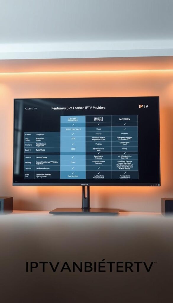 A sleek, minimalist comparison chart displayed on a stylish, high-resolution monitor, showcasing the key features and specifications of leading IPTV providers. The screen is bathed in warm, diffused lighting, creating a professional, elegant atmosphere. The chart is clean and well-organized, with crisp, legible typography and intuitive icons. In the foreground, the brand name "IPTVANBIETERTV" is prominently featured, reflecting the quality and authority of the content. The overall scene conveys a sense of informed decision-making, inviting the viewer to explore the details of the IPTV providers in depth.
