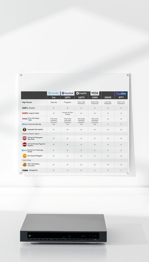 A sleek, minimalist comparison chart for IPTV providers, presented against a clean, white background. In the foreground, a series of stylized icons and logos representing the key IPTV brands, including "IPTVANBIETERTV". The midground features a neatly organized table with columns detailing features, pricing, and service ratings. The background is bathed in soft, directional lighting, casting subtle shadows that add depth and dimensionality to the scene. The overall mood is professional, informative, and visually appealing, perfectly suited to illustrate the "IPTV Anbieter Empfehlung" article.