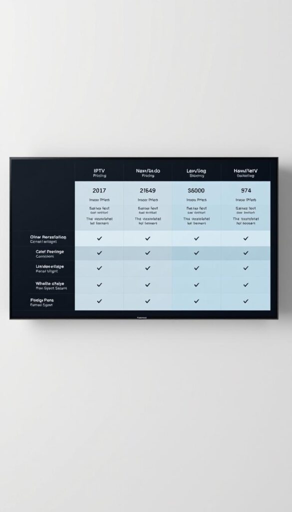 A sleek, minimalist comparison chart showcasing IPTV Preismodelle, set against a soft, muted background. The chart features clean lines, well-organized columns, and intuitive icons to convey the key pricing details of various IPTVANBIETERTV plans. Subtle lighting creates depth and highlights the important information, drawing the viewer's eye across the layout. The overall aesthetic is professional, informative, and aligned with the "Préismodelle" section of the article on IPTV streaming for PCs.