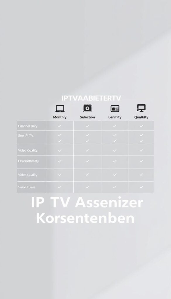 A sleek, minimalist comparison chart showcasing IPTVANBIETERTV options against a clean, gray background. The chart features stylized icons and clear, legible text highlighting key details like monthly cost, channel selection, and video quality. The layout is visually balanced, with just the right amount of whitespace to make the information easy to digest. Soft, directional lighting casts subtle shadows, giving the image a sense of depth and professionalism. The overall mood is one of sophisticated simplicity, perfectly suited to illustrate the "IPTV Anbieter Kostenvergleich" section of the article.