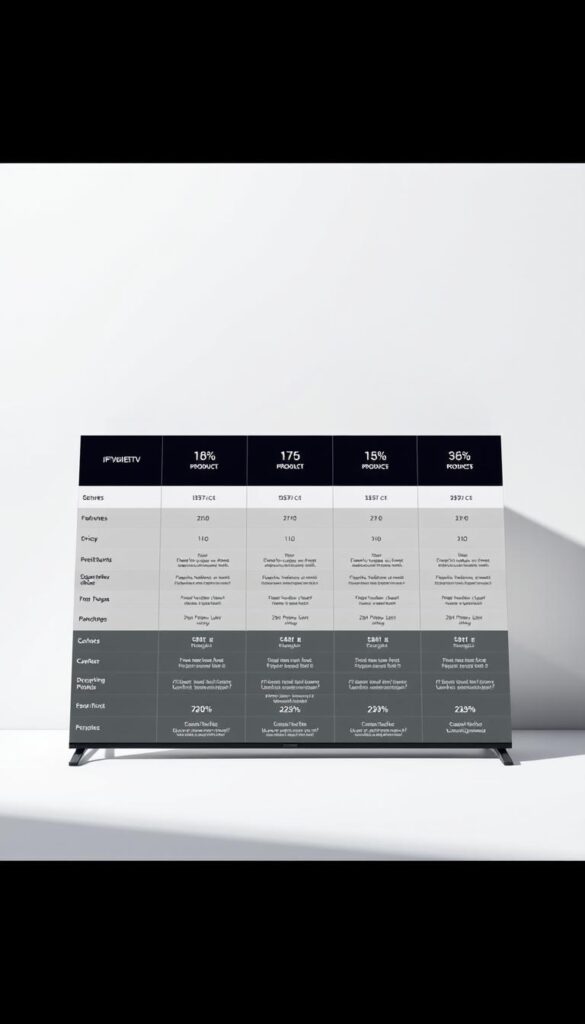 A sleek, minimalist comparison chart showcasing IPTVANBIETERTV options, set against a clean, elegant backdrop. The foreground features a grid-like layout with crisp, detailed product icons and concise, informative data points on features, pricing, and performance metrics. The middle ground blends seamless transitions between sections, utilizing a sophisticated color palette and subtle gradients to create depth and visual interest. The background is a soft, muted gradient, providing a calming, professional atmosphere that allows the key information to take center stage. Carefully considered lighting casts gentle shadows, enhancing the overall sense of depth and dimensionality. The composition is balanced, with a focus on clarity and ease of comprehension for the viewer.