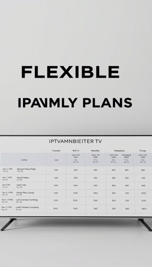 A sleek, minimalist comparison chart showcasing a range of IPTV providers offering flexible monthly plans. The scene is set against a soft, neutral-toned backdrop, drawing the viewer's attention to the key details. In the foreground, a clean and modern grid layout presents the provider options, their features, and pricing in a clear, easy-to-digest format. The middle ground features the IPTVANBIETERTV brand logo, prominently displayed but not overpowering the overall composition. The lighting is soft and diffused, creating a professional, informative atmosphere. The camera angle is slightly elevated, giving a sense of authority and expertise to the comparison. The overall tone is one of practicality and consumer-friendliness, reflecting the article's focus on flexible IPTV options.