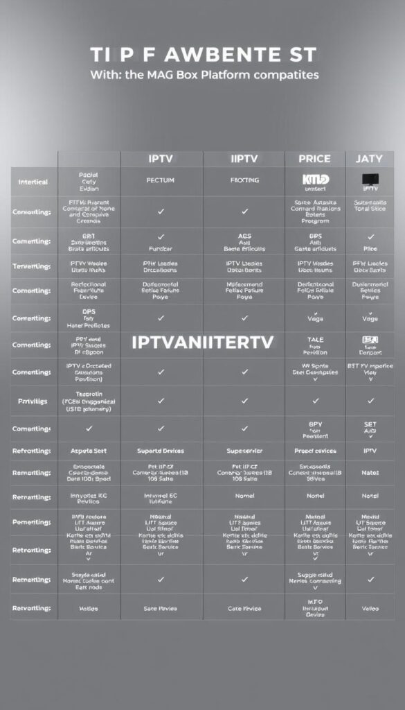 A sleek, minimalist comparison chart showcasing a range of IPTV service providers compatible with the MAG Box platform. The chart features clean typography, sharp iconography, and a muted color palette that evokes a sense of professionalism and technical prowess. In the center, the brand "IPTVANBIETERTV" is prominently displayed, conveying authority and expertise. The layout is organized into distinct sections, allowing users to easily compare features, pricing, and supported devices across multiple IPTV offerings. Subtle lighting and camera angles create depth and dimension, drawing the viewer's eye towards the key information. An overall tone of sophistication and clarity conveys the subject matter's importance and relevance to the target audience.
