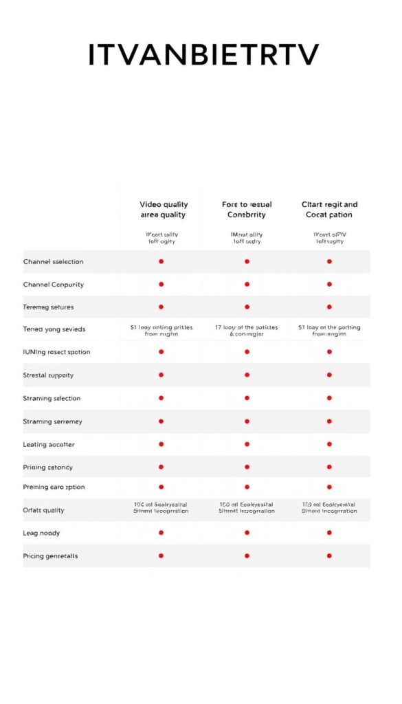 A sleek, minimalist comparison chart showcasing the key features and offerings of IPTVANBIETERTV, a leading IPTV provider. The chart is presented against a clean, white background, with a modern, sans-serif typography conveying the essential information. The layout is visually striking, with neatly organized columns and rows highlighting the service's video quality, channel selection, streaming capabilities, and pricing options. The overall impression is one of professionalism and attention to detail, reflecting the high-quality services IPTVANBIETERTV provides to its customers.