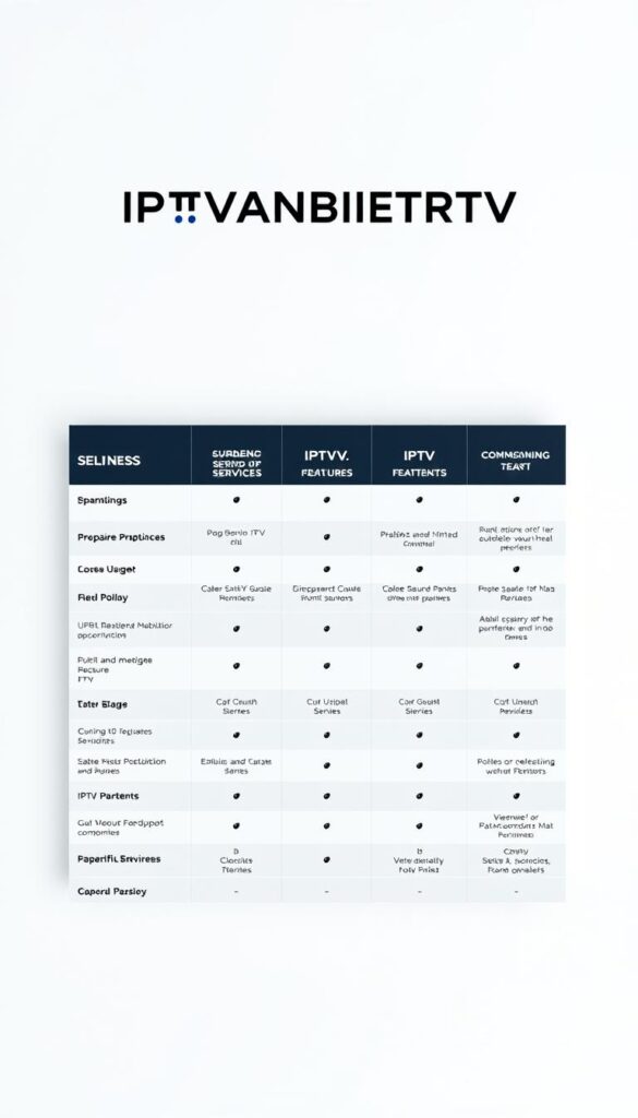 A sleek, minimalist comparison chart showcasing the key features and offerings of IPTVANBIETERTV and other leading IPTV providers. The chart is set against a clean, neutral background, allowing the information to take center stage. The layout is visually balanced, with clear and concise headings, icons, and data points that make it easy to compare the different services. The overall mood is professional and informative, reflecting the practical nature of the subject matter. The lighting is soft and even, creating a sense of clarity and attention to detail. The perspective is slightly elevated, giving the viewer a bird's-eye view of the comparison chart, which is depicted with a sharp, high-resolution lens.