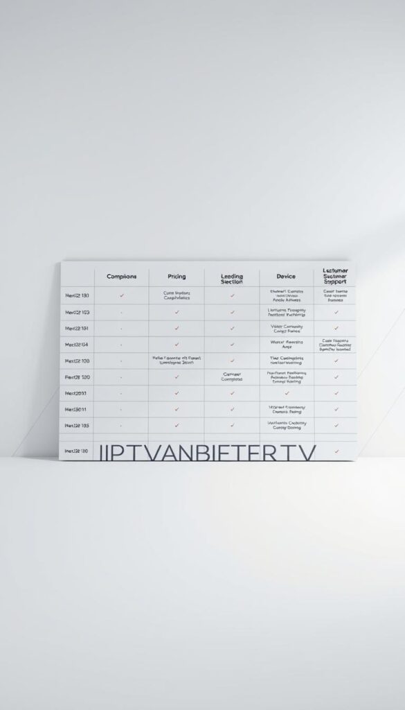 A sleek, minimalist comparison chart showcasing the key features and offerings of leading IPTV providers, set against a clean white background. The chart is presented with a modern, professional design aesthetic, utilizing clear typography, sharp iconography, and a muted color palette to highlight the essential information. In the foreground, the IPTVANBIETERTV brand name is prominently displayed, conveying authority and trust. The middle ground features the comparison grid, with columns outlining criteria such as channel selection, pricing, device compatibility, and customer support. The background subtly incorporates geometric patterns or subtle textures to add visual interest without distracting from the core content. Lighting is soft and diffused, creating a sense of clarity and focus on the information presented. The overall impression is one of a comprehensive, user-friendly resource for consumers to evaluate and compare IPTV service options.