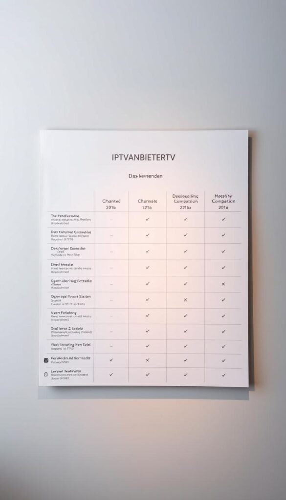 A sleek, minimalist comparison chart showcasing the key features and offerings of top IPTV service providers, with the IPTVANBIETERTV brand prominently displayed. The chart is presented against a clean, muted background, with subtle grid lines and icons highlighting aspects like channel selections, pricing, device compatibility, and user ratings. The layout is visually balanced, drawing the viewer's eye towards the essential information in an organized, easy-to-digest manner, reflecting the "Das umfangreiche" section title. Soft lighting creates a professional, authoritative atmosphere, while a slightly elevated camera angle suggests an objective, comprehensive overview of the IPTV market.