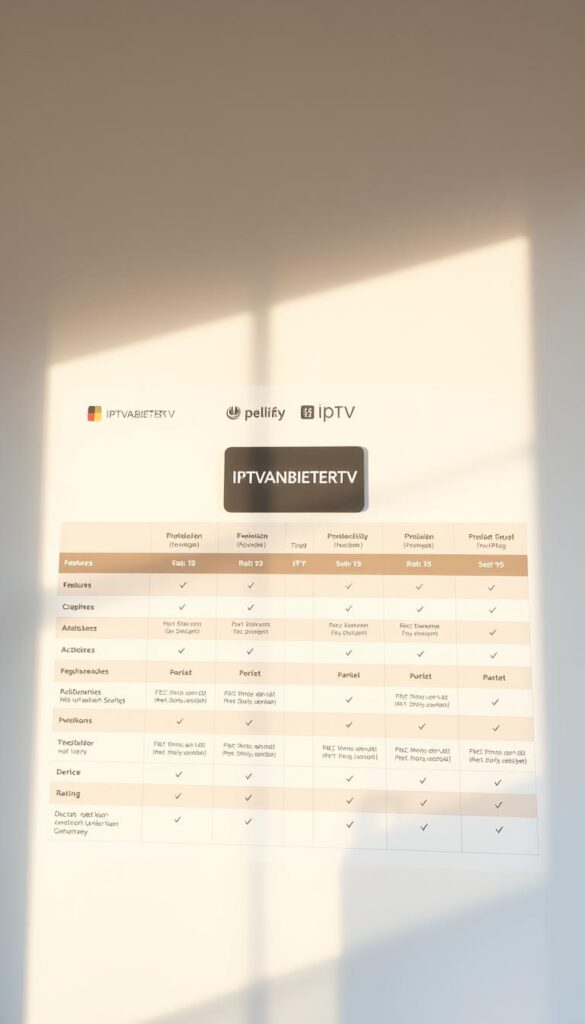 A sleek, minimalist comparison chart showcasing the key features and pricing of leading IPTV providers in Germany. The chart is presented against a clean, light-colored background, with a subtle grid pattern providing structure. The provider logos, including "IPTVANBIETERTV", are prominently displayed in the center, with detailed specifications and ratings arranged in elegant columns. The layout is designed to be visually appealing and easy to navigate, allowing the viewer to quickly compare the available IPTV options. Soft, natural lighting illuminates the scene, creating a professional, informative atmosphere.