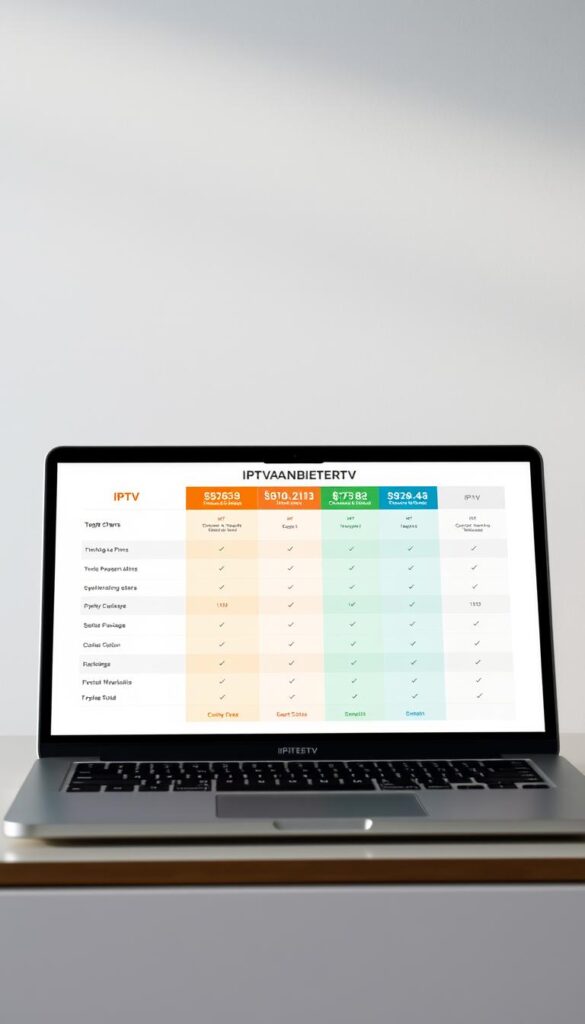A sleek, minimalist comparison chart showcasing the key features of "IPTVANBIETERTV", a leading IPTV provider. The chart is displayed on a modern, stylish laptop or tablet, set against a clean, elegant background with muted colors. The chart itself features bold, clear typography, precise data visualizations, and an intuitive layout that allows easy comparison of different IPTV plans and packages. The overall scene conveys a sense of professionalism, attention to detail, and a focus on providing the user with a comprehensive, data-driven overview of the IPTV landscape.