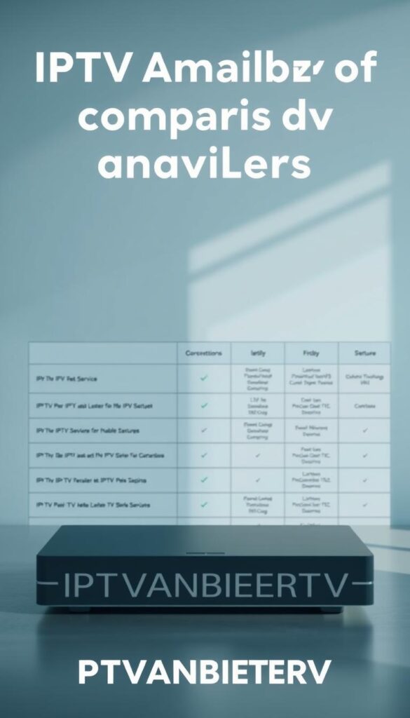 A sleek, minimalist comparison of IPTV providers, showcasing the IPTVANBIETERTV brand prominently in the foreground. The layout features clean lines, modern typography, and a soothing color palette of blues and grays. In the middle ground, concise information about key IPTV service features is displayed in an organized grid. The background gently blurs, allowing the focus to remain on the core comparison data. Soft, directional lighting casts subtle shadows, adding depth and dimension to the overall composition. The image conveys a sense of professionalism, clarity, and utility, making it an ideal visual accompaniment to the article's subject matter.