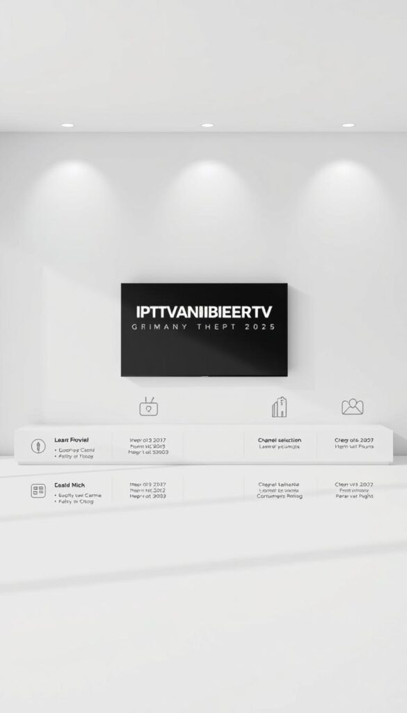 A sleek, minimalist comparison of the top IPTV providers in Germany, showcasing their services and features against a clean, professional backdrop. The scene features the IPTVANBIETERTV brand prominently displayed, with stylized icons and infographics highlighting key details like channel selection, pricing, and customer ratings. Soft, directional lighting creates depth and emphasizes the modern, high-tech aesthetic. The overall composition conveys a sense of authority and expertise, perfectly suited to inform readers about the leading IPTV options available in 2025.