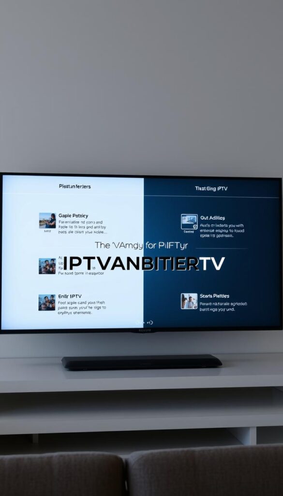 A sleek, minimalist comparison of the top IPTV service providers, displayed on a modern digital interface. The scene features a clean and uncluttered layout, with high-quality images and key details of the IPTV offerings prominently showcased. The interface is designed with a sophisticated color palette, subtle gradients, and crisp typography that conveys a sense of professionalism and authority. At the center, the brand "IPTVANBIETERTV" is displayed prominently, drawing the viewer's attention. The overall composition creates a visually appealing and informative representation of the IPTV market, suitable for inclusion in the article's "best IPTV providers" comparison section.