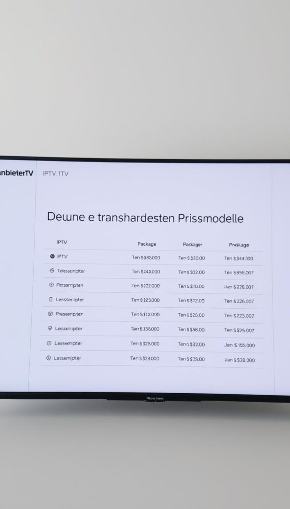 A sleek, minimalist dashboard displaying the pricing options for an IPTV service. The foreground features clean, legible typography showcasing the "IPTVANBIETERTV" brand name and the section title "Unsere transparenten Preismodelle". The middle ground displays a neatly organized table with various IPTV package options, subscription lengths, and corresponding prices, all presented in a clear and accessible manner. The background is a soft, neutral-toned gradient, creating a professional and trustworthy atmosphere. The lighting is soft and even, highlighting the key information without distracting from the overall design. The camera angle is slightly elevated, giving the impression of an authoritative, informative perspective.