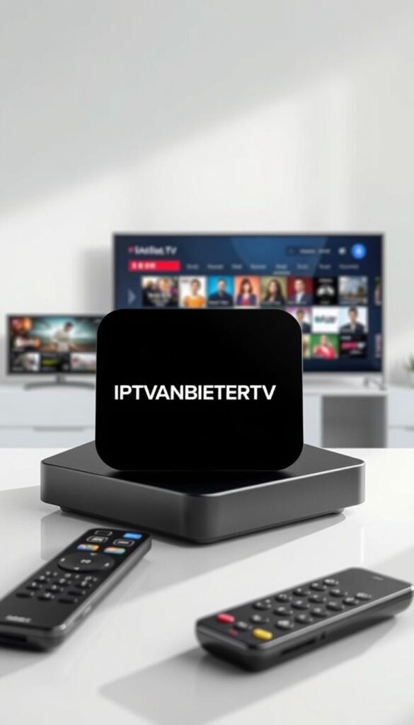 A sleek, minimalist device displaying the IPTVANBIETERTV brand name, showcasing its compatibility with a variety of screens and platforms. The device is set against a clean, modern background, with soft, directional lighting highlighting its premium design. The composition emphasizes the device's versatility, hinting at the diverse international content available through the service. The overall mood is one of technological sophistication and global connectivity, reflecting the international appeal of the IPTV offering.