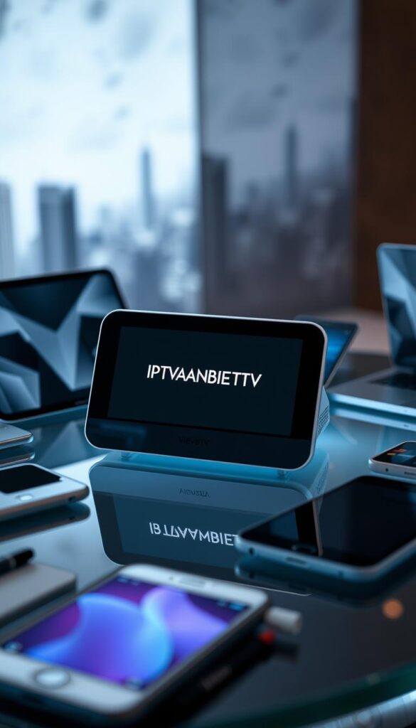 A sleek, minimalist device on a modern glass surface, surrounded by various smart devices like smartphones, tablets, and laptops. The main device has a clean, sophisticated design with a large, high-resolution display showcasing the IPTVANBIETERTV logo. Elegant lighting creates a soft, ambient glow, highlighting the seamless integration of the devices. In the background, a blurred cityscape or abstract pattern suggests a connected, technology-driven environment. The overall scene conveys a sense of versatility, flexibility, and the effortless flow of content across multiple devices.