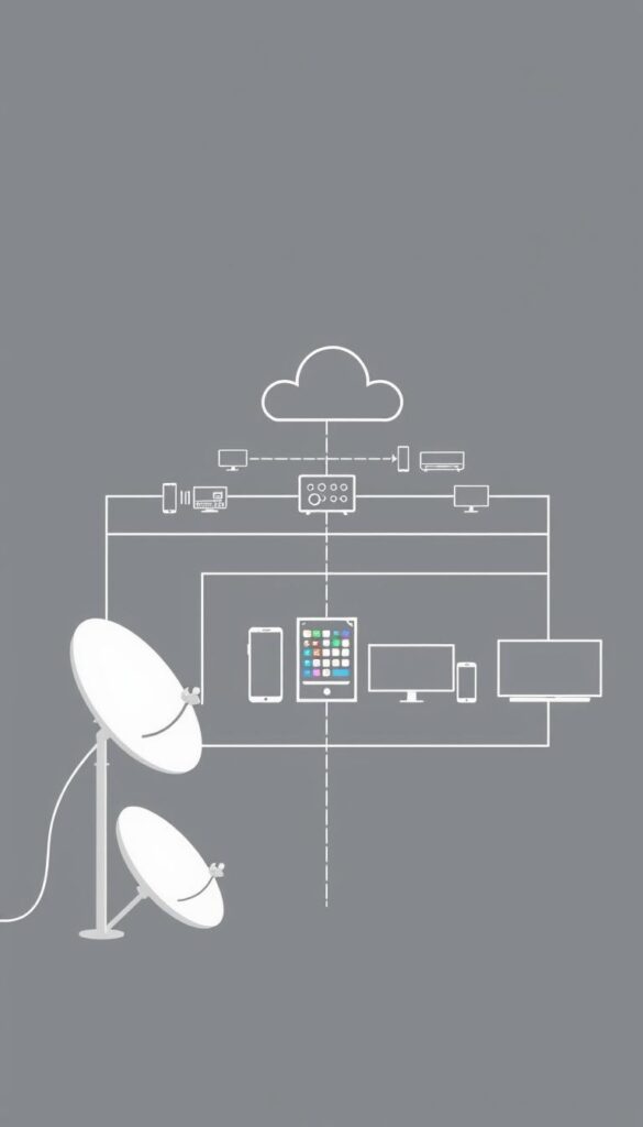 A sleek, minimalist diagram illustrating the core components and data flow of an IPTVANBIETERTV system. In the foreground, a stylized satellite dish and modem symbolize the signal reception and internet connection. In the middle ground, a network of servers and cloud infrastructure represents the IPTV service provider, with smooth lines conveying the transmission of audio/video content. In the background, various display devices like smart TVs and mobile phones depict the end-user experience, showcasing the seamless delivery of live TV, on-demand content, and interactive features. The overall scene has a sophisticated, high-tech aesthetic with muted tones, clean lines, and subtle gradients to create a sense of clarity and technological prowess.