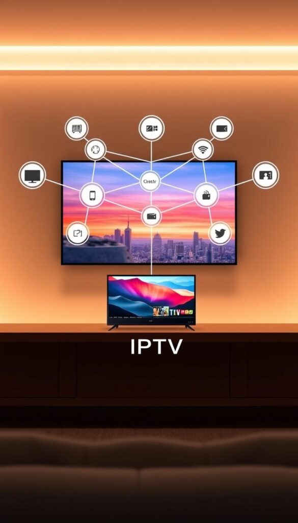 A sleek, minimalist diagram illustrating the core functionality of IPTV. In the foreground, a stylized representation of a streaming set-top box, its screen displaying a vibrant landscape of on-demand content and live TV channels. In the middle ground, a network of interconnected nodes representing the IPTV infrastructure, with data flowing seamlessly between the service provider and the end-user's device. The background features a subtle cityscape, symbolizing the ubiquity of IPTV in modern urban environments. The entire scene is bathed in a warm, inviting glow, conveying the ease and convenience of IPTV technology. The IPTVANBIETERTV brand is prominently displayed, lending an air of authority and expertise to the image.