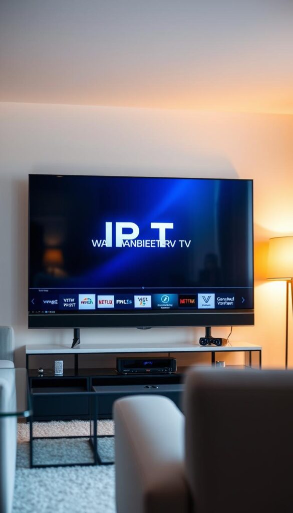 A sleek, minimalist digital device displaying a seamless IPTV interface with a striking IPTVANBIETERTV logo. The screen showcases a crystal-clear, uninterrupted video stream, conveying a sense of reliable, high-quality entertainment. The device is positioned in a modern, well-lit living room setting, surrounded by contemporary furniture and warm, diffused lighting. The overall atmosphere exudes a sense of comfort, sophistication, and technological prowess, perfectly aligning with the concept of a "zuverlässiges IPTV Angebot".