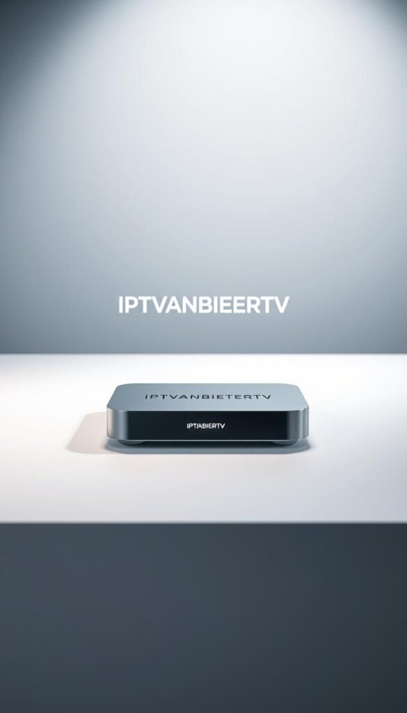 A sleek, minimalist digital device displaying the IPTVANBIETERTV brand name, showcasing the latest IPTV Technik. The device is positioned on a clean, white table, bathed in soft, diffused lighting that creates a sense of modern elegance. The background features a subtle gradient, emphasizing the technological focus. The composition is balanced, with the device taking center stage, hinting at the capabilities and features of IPTV. The image conveys a sense of innovation, efficiency, and the seamless integration of television and internet technology.
